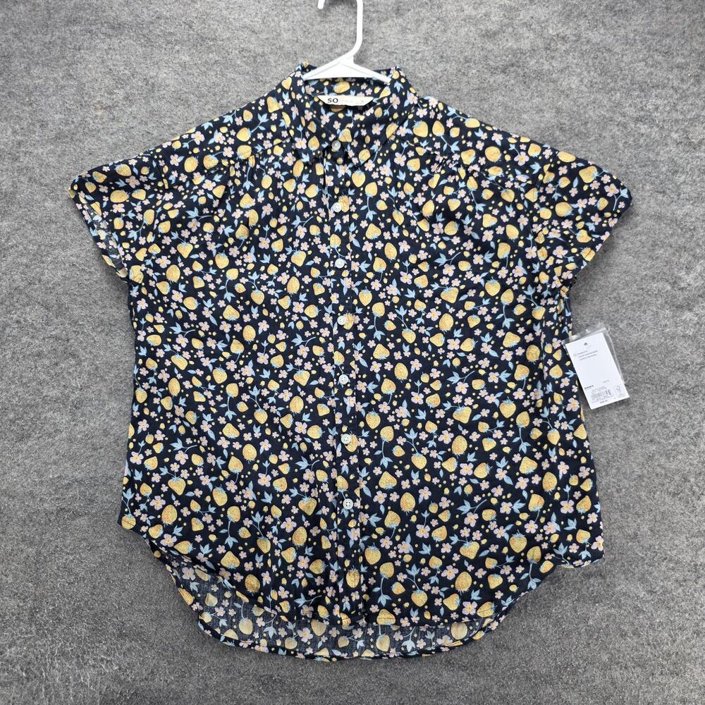SO Button-Up Womens M Blue Floral Short Sleeve Collared Lightweight Relaxed Fit